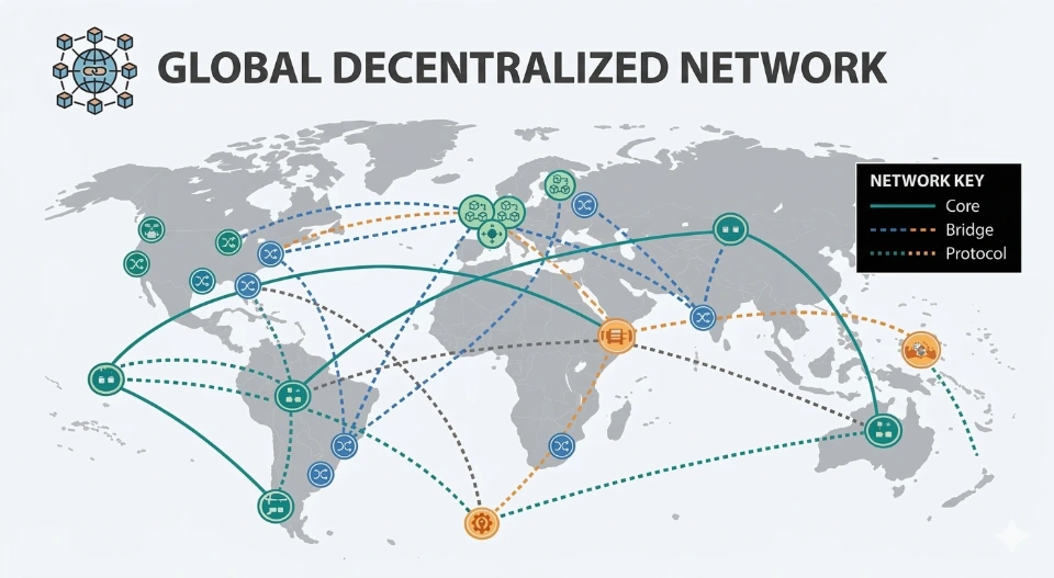 global decentralized network nodes connectivity cryptographic keys protocols cross chain bridge secure data exchange distributed infrastructure worldwide