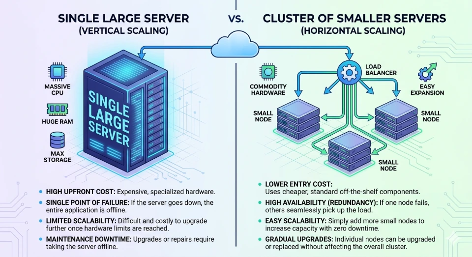 vertical scaling single large server increased capacity hardware upgrade vs horizontal scaling multiple servers distributed workload cluster scalable architecture