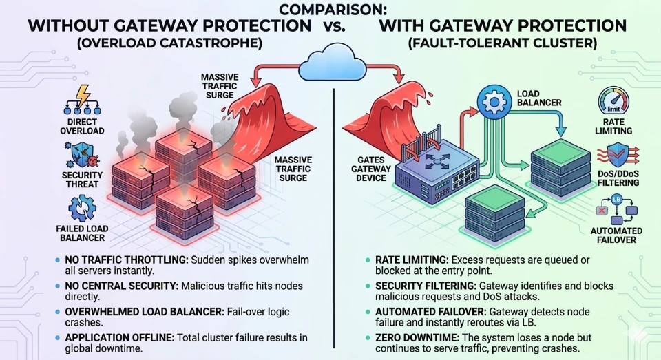no gateway protection system overload failure cascade vs gateway protection fault tolerant cluster load balancing resilience stable distributed system