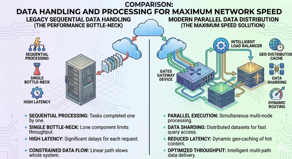 legacy sequential data handling single stream bottleneck slow throughput vs modern parallel data distribution multi stream processing high speed network performance