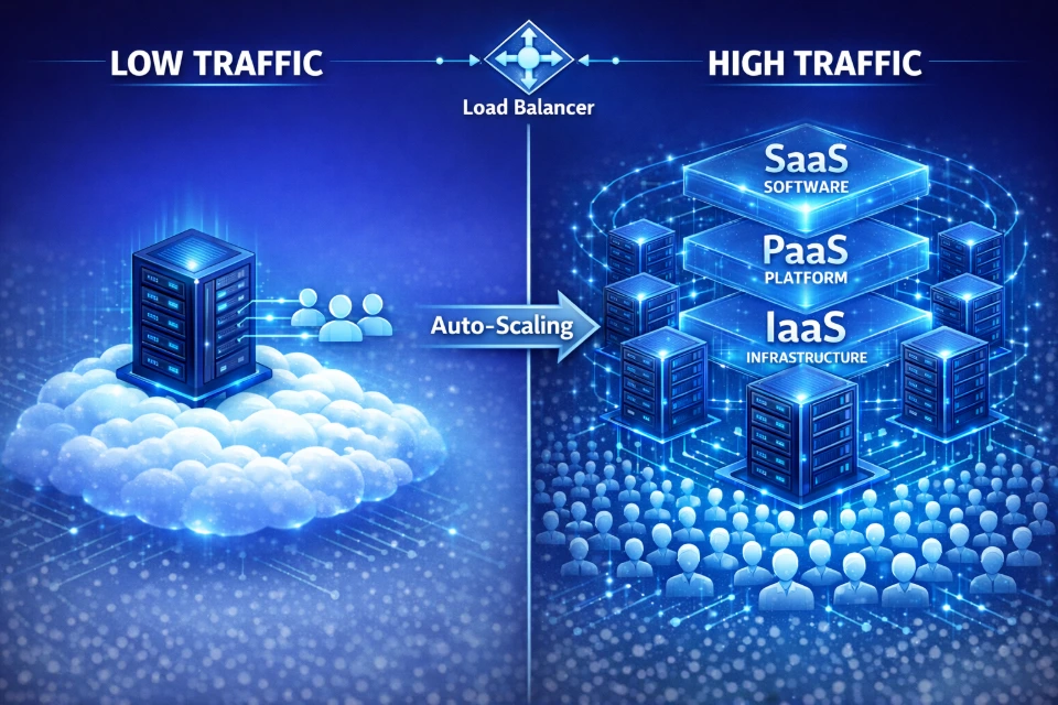 web hosting scalability low traffic baseline resources auto scaling dynamic resource allocation high traffic load handling cloud infrastructure performance