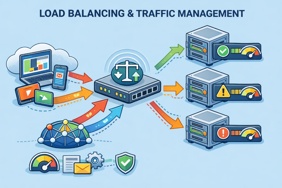 load balancing traffic management request distribution multiple servers real time monitoring failover high availability uptime reliability system performance