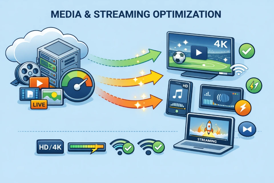 media streaming optimization cdn video audio delivery adaptive bitrate streaming high quality playback multi device performance network efficiency