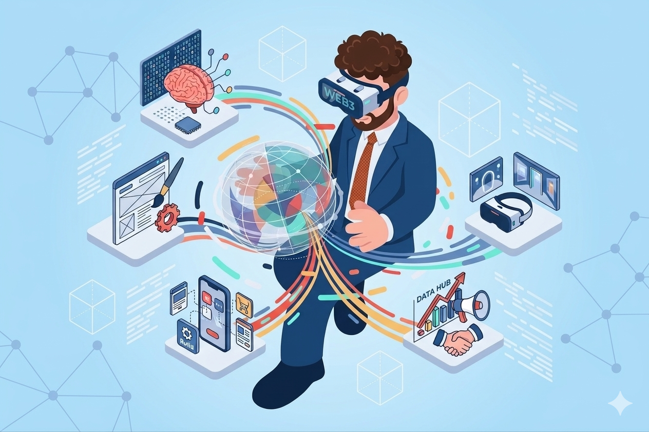 A developer wearing a VR headset interacting with a digital globe, surrounded by icons representing CMS features including content management, media organization, user access control, scalable architecture, and custom development solutions.