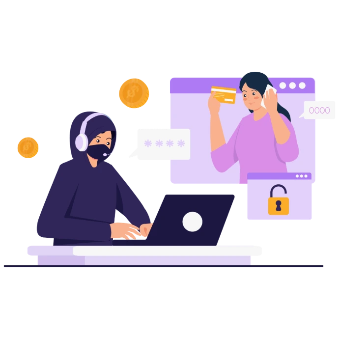A fraud prevention agent monitoring suspicious transactions in real-time, with a security lock and masked user interface representing multi-layered authentication and behavioral fraud detection systems.
