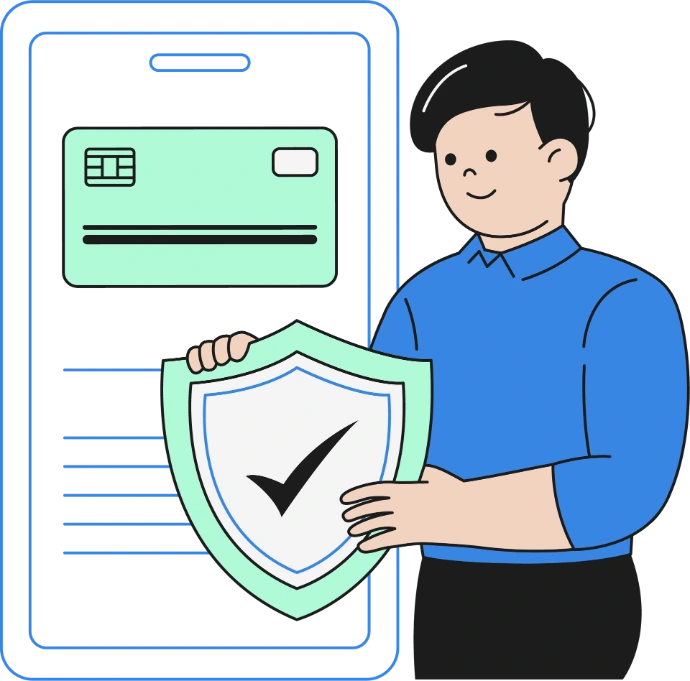 A customer holding a security shield next to a mobile phone displaying a credit card, representing secure payment processing, PCI DSS compliance, and frictionless checkout trust.
