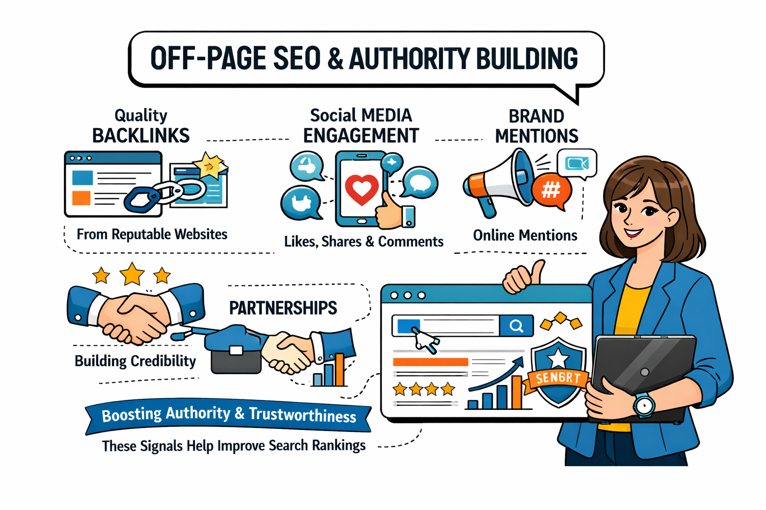 Off page SEO backlinks authority building increase credibility improve rankings enhance visibility strengthen online presence