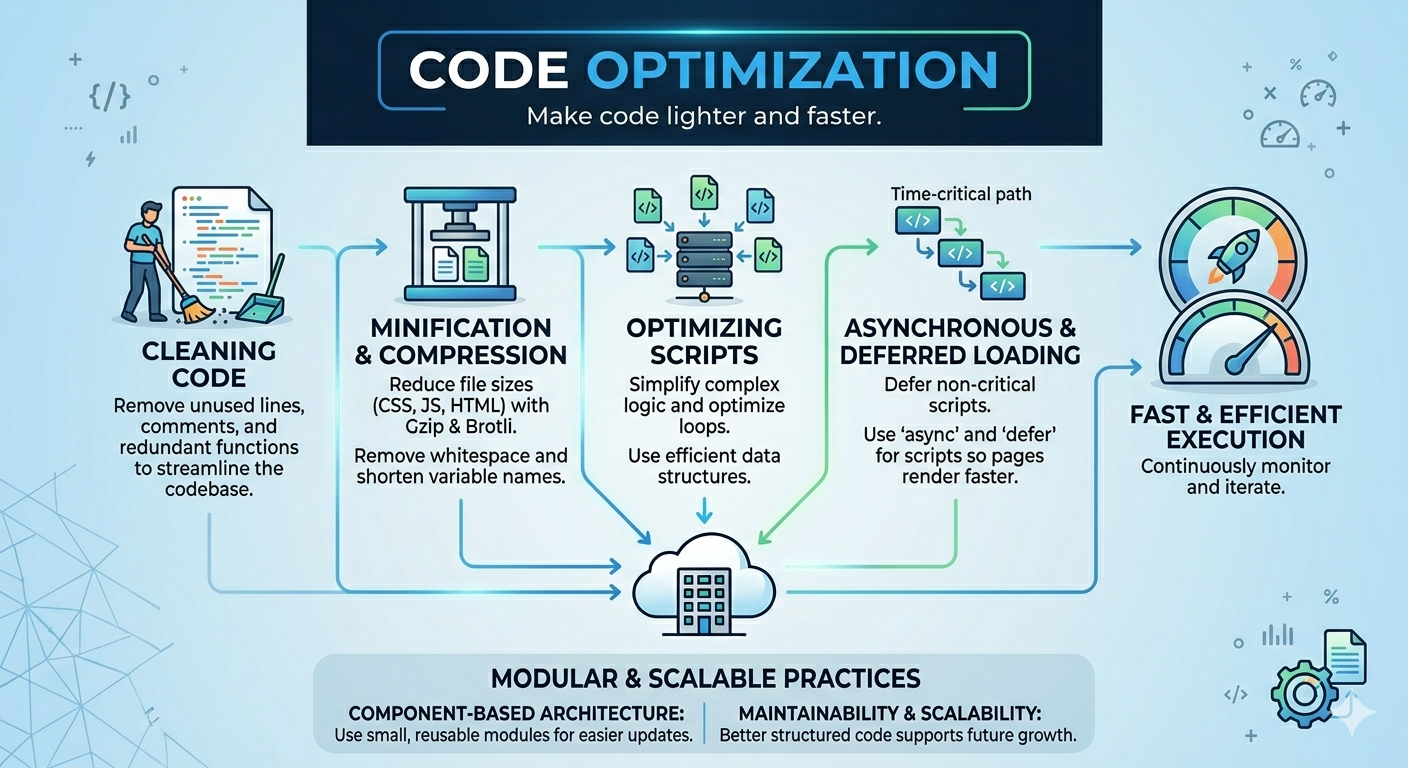 Optimized HTML CSS JavaScript reduce file size improve execution speed enhance performance scalability maintainability efficiency