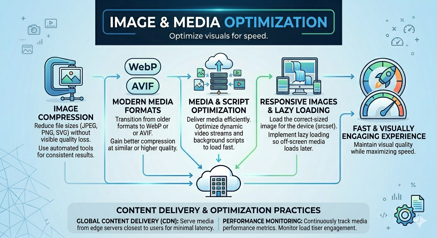 Optimized images media reduce load size improve speed enhance performance support responsive delivery maintain visual quality