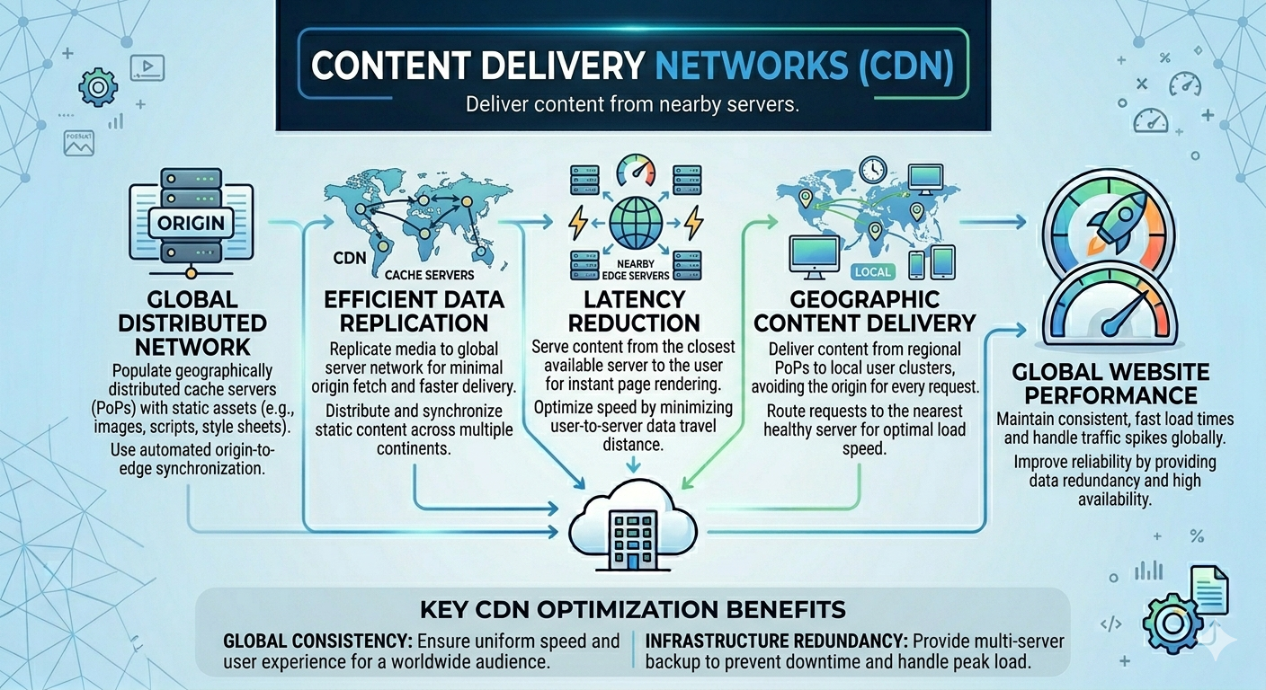 Distributed CDN servers reduce latency accelerate delivery improve reliability handle traffic enhance global performance scalability