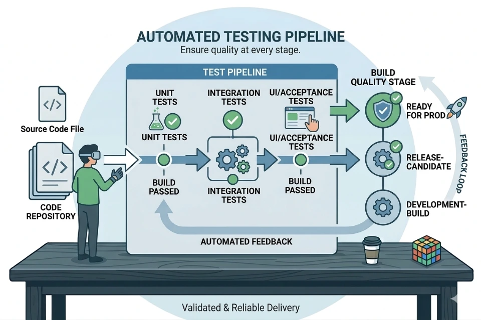 Automated testing validate code detect bugs early improve quality ensure reliability support fast consistent releases