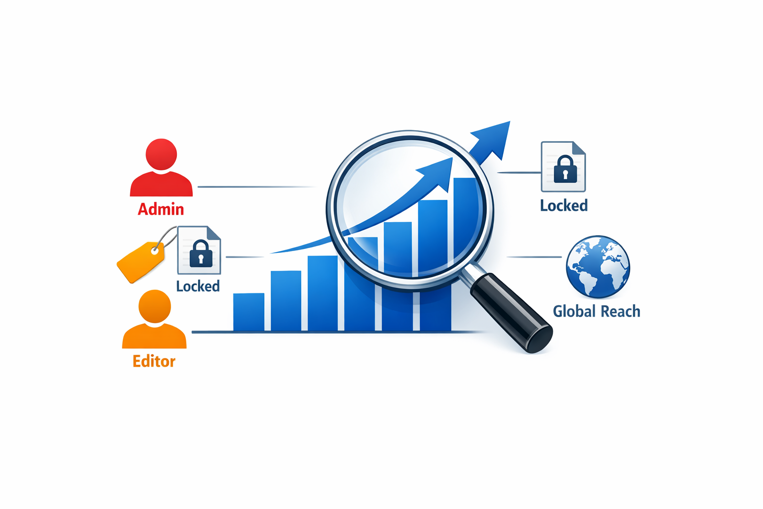 A magnifying glass icon hovering over a bar graph showing an upward trend. Small icons for "Keywords" (a tag) and "Global Reach" (a globe) are positioned around the graph to symbolize growth.