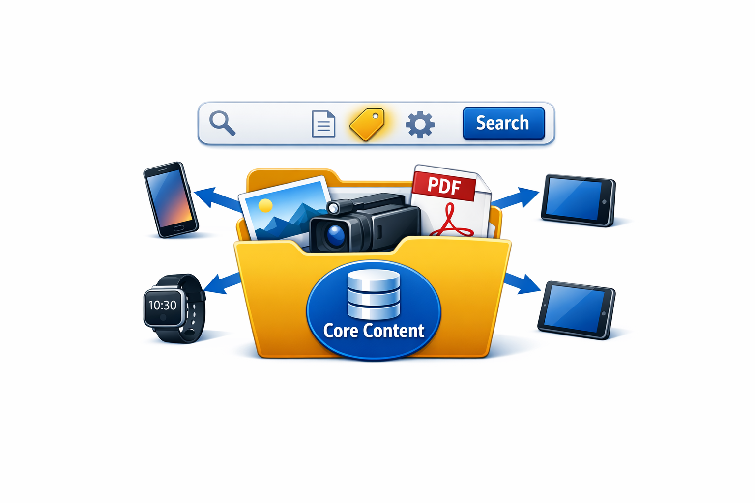 A folder icon that is "overflowing" with smaller icons representing a photo, a video camera, and a PDF document. A search bar sits on top of the folder with a "Tag" icon highlighted to show organization.