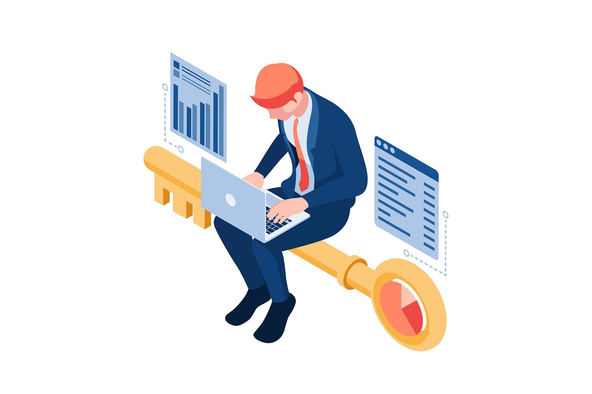 A developer working on a laptop with analytics charts and a large key, symbolizing complete digital business integration, ERP connectivity, and unlocking data-driven enterprise performance with Odoo.