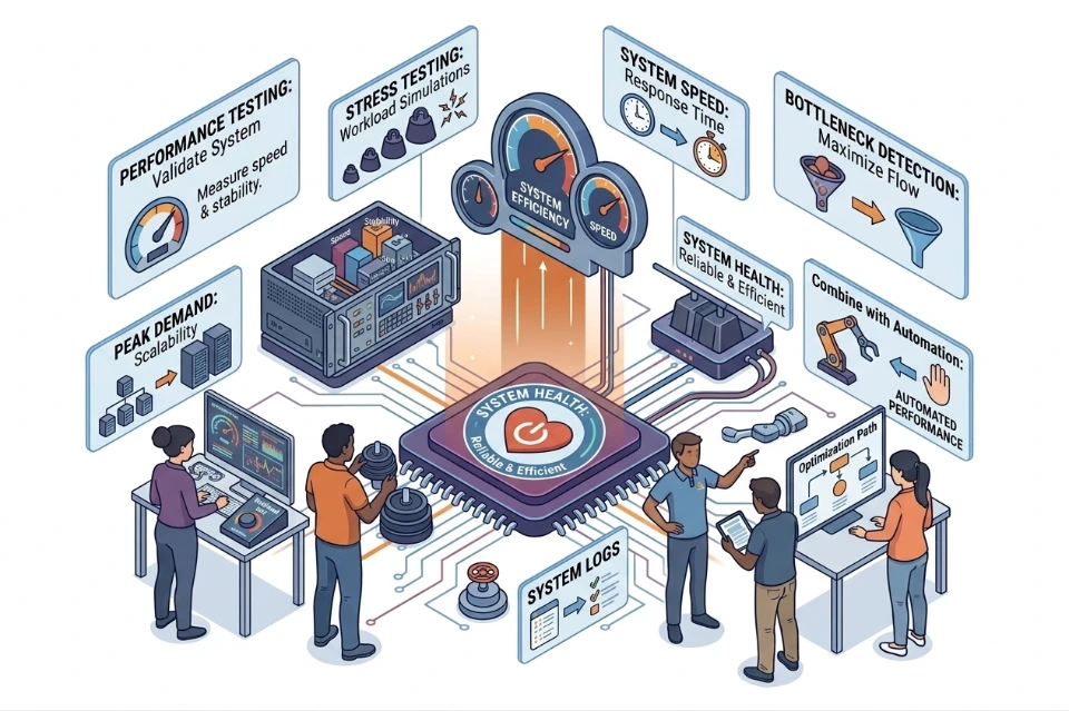 Performance testing measure load identify bottlenecks optimize speed ensure scalability stability efficiency under demand
