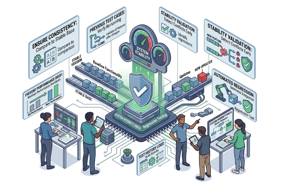 Regression testing verify updates preserve functionality ensure stability prevent new bugs maintain system consistency performance