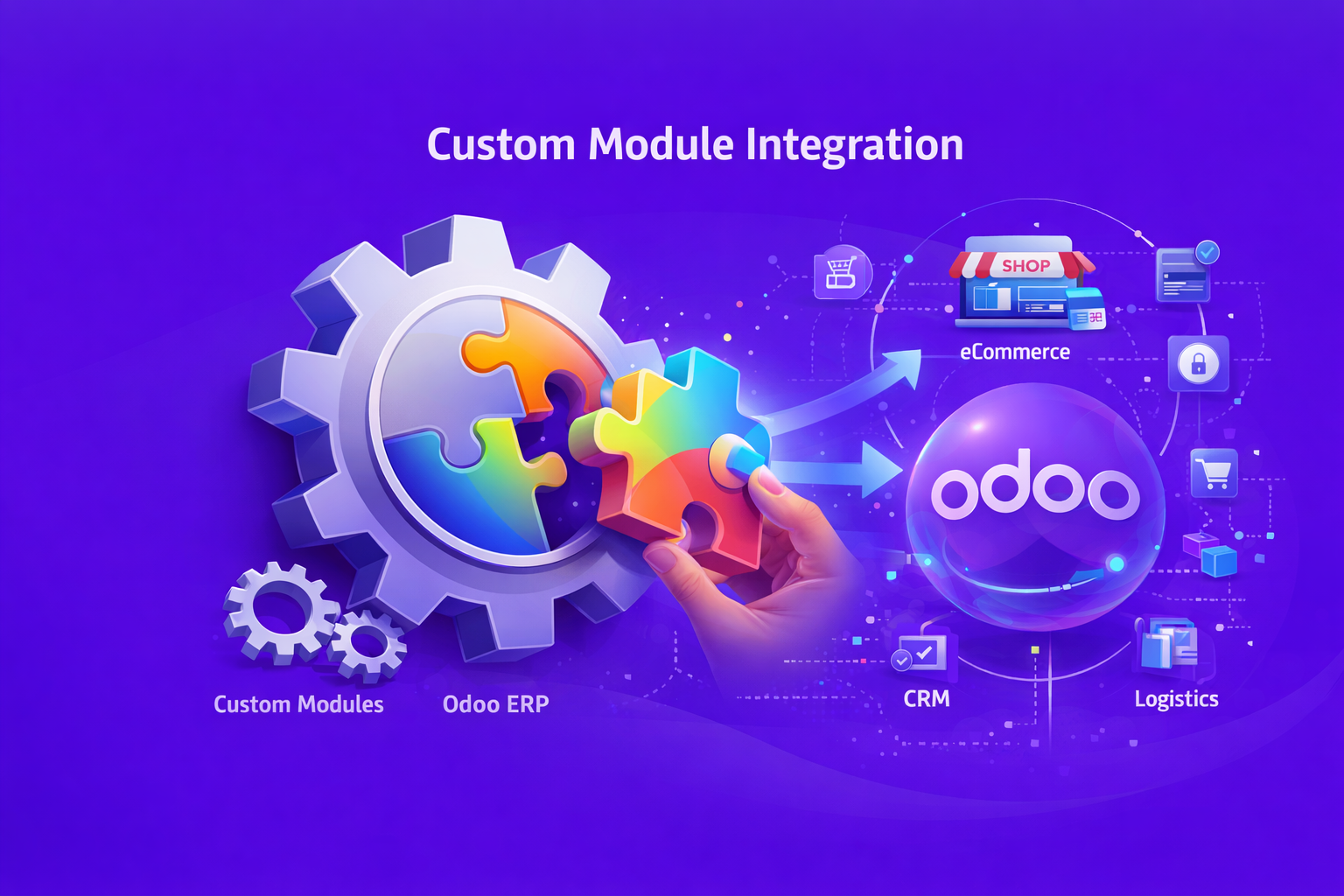 A flat-style graphic of a "Settings" gear being fitted with a specific, colorful "Puzzle Piece." This represents a custom-built module being perfectly integrated into the core Odoo engine.
