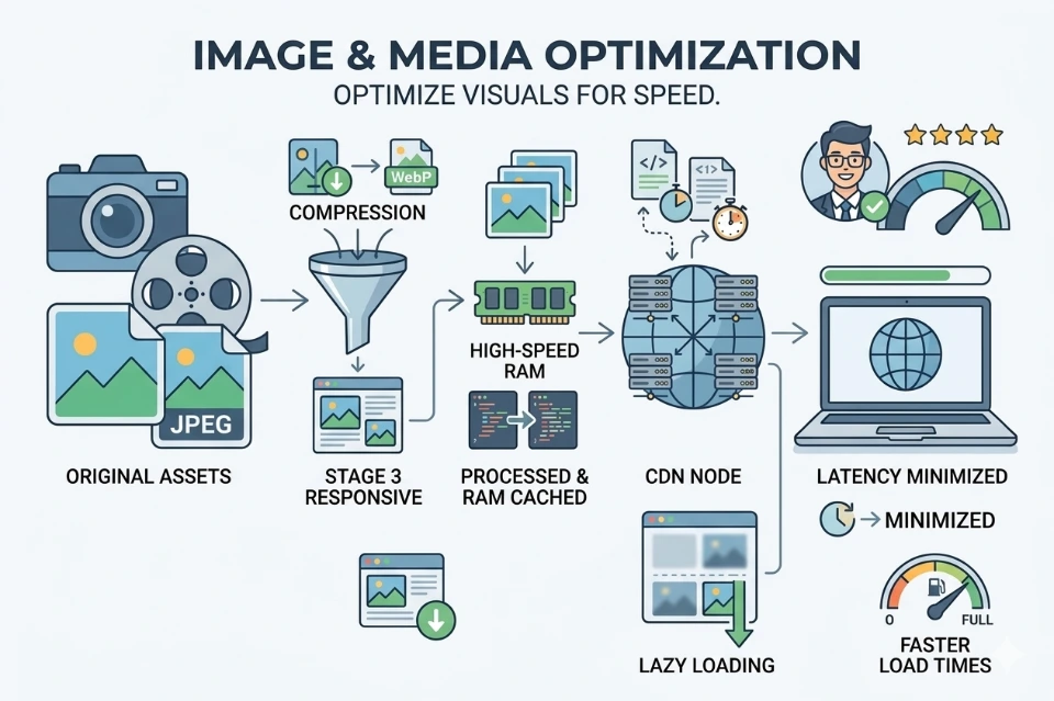 Optimized images media reduce file size improve load speed enhance performance support responsive delivery maintain visual quality