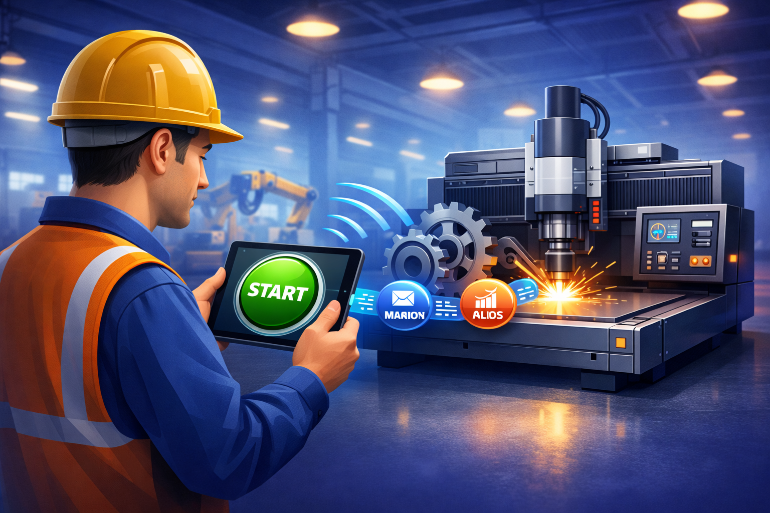 A stylized factory floor. A worker is holding a tablet that shows a "Green Start Button," and it is connected via a wireless signal to a large industrial cutting machine or gear.