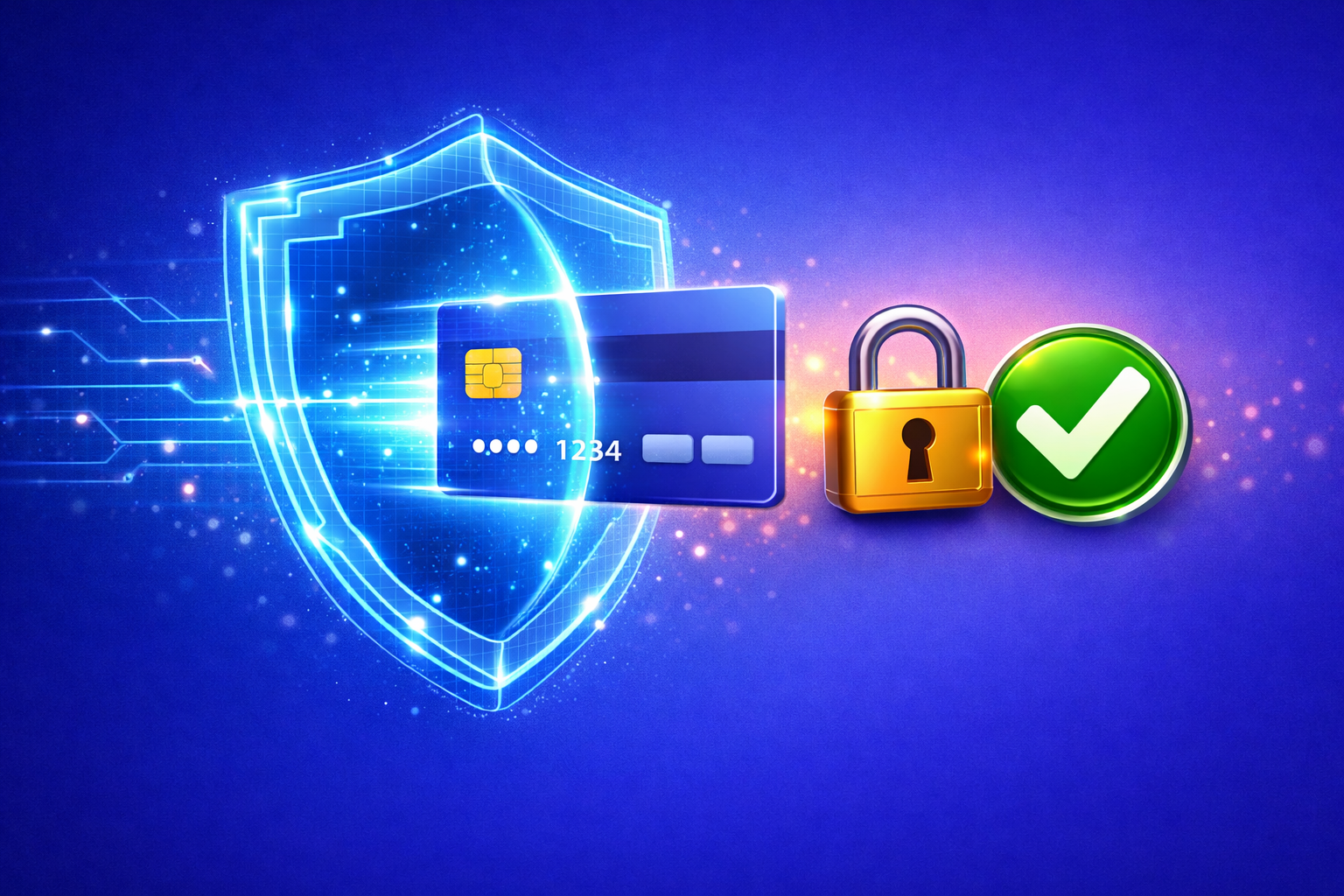 A glowing credit card icon passing through a digital "Force Field" or holographic shield. On the side, a green checkmark appears next to a secure padlock to symbolize a successful, safe transaction.
