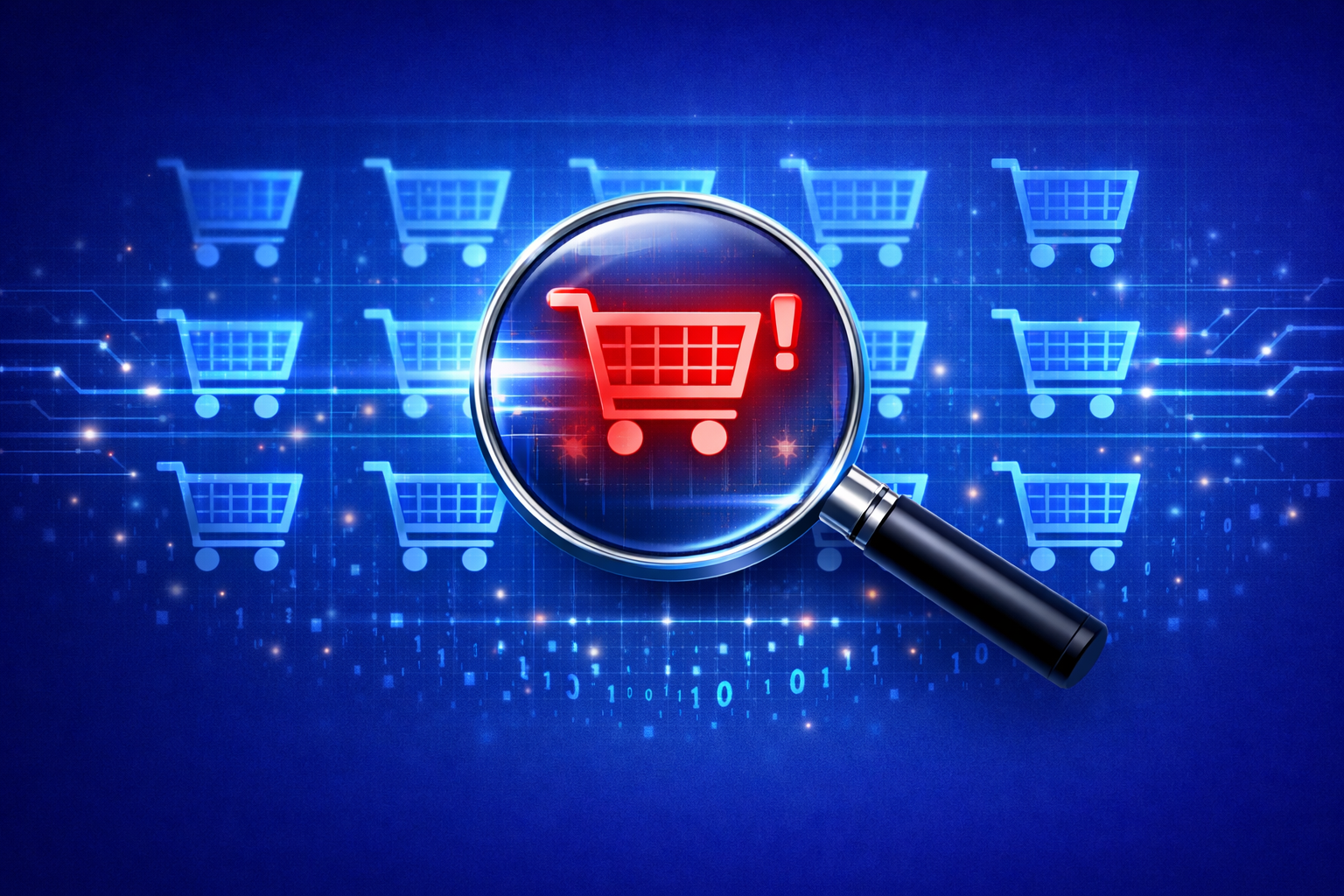 magnifying glass hovering over a grid of digital shopping cart icons. One cart is highlighted in a vibrant red "Alert" color, while the others are blue, representing a specific threat being isolated from the crowd.