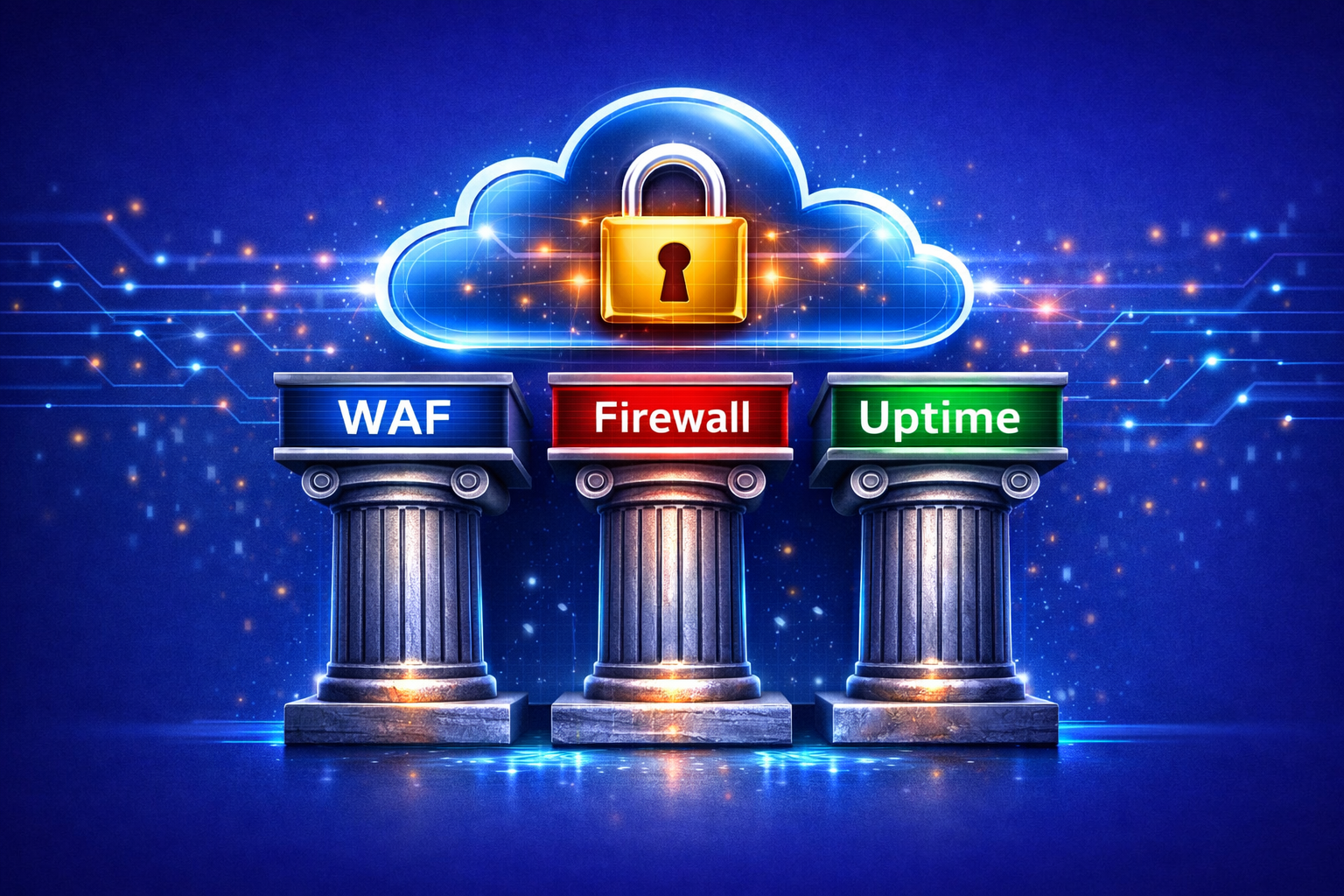 A stylized cloud icon with a glowing padlock at its center. Below the cloud are three sturdy digital pillars labeled "WAF," "Firewall," and "Uptime," representing the foundation of a secure cloud environment.
