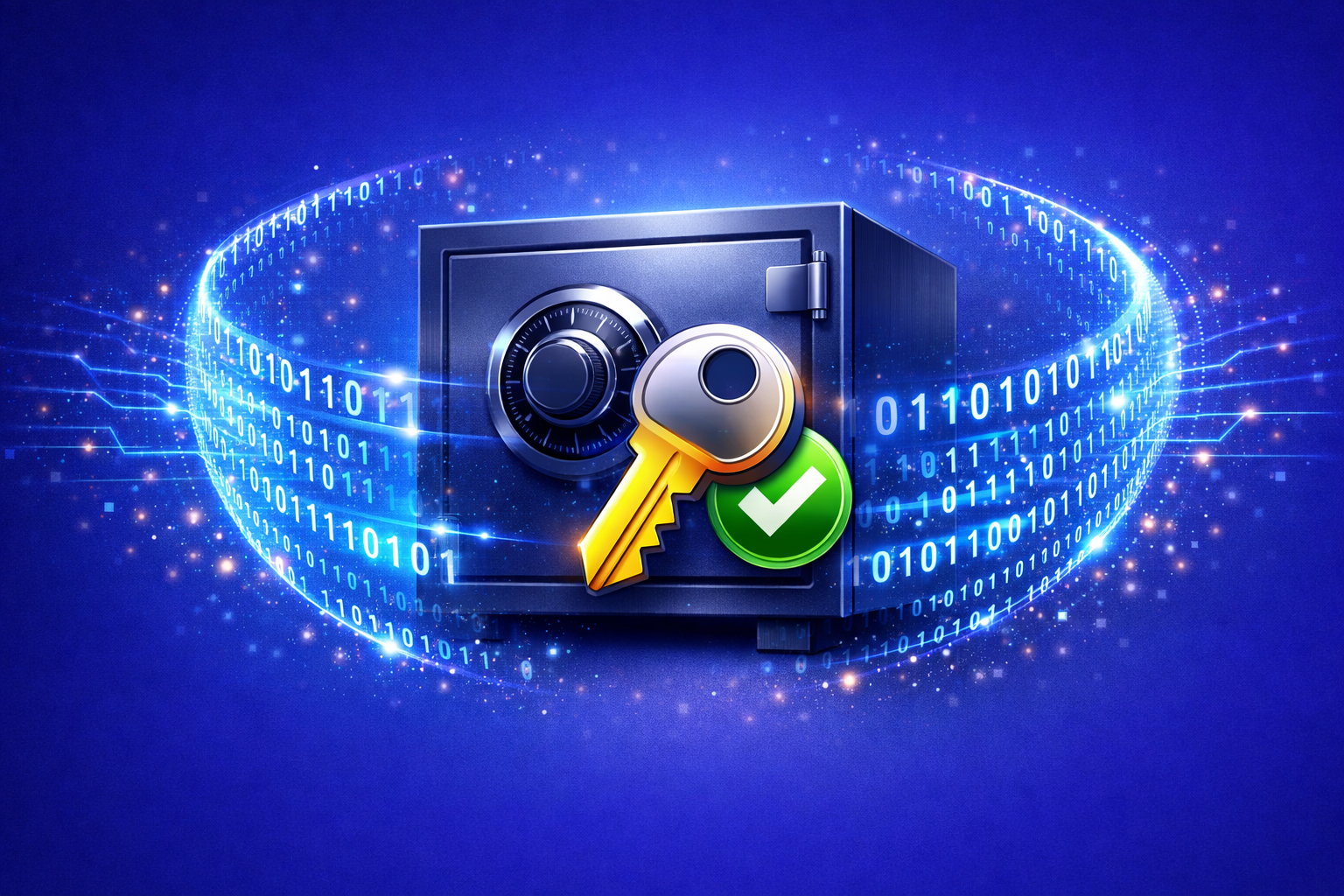 A digital safe with a modern key icon floating in front of it. The safe is surrounded by a flowing stream of binary code (1s and 0s) that forms a protective shield around the safe.