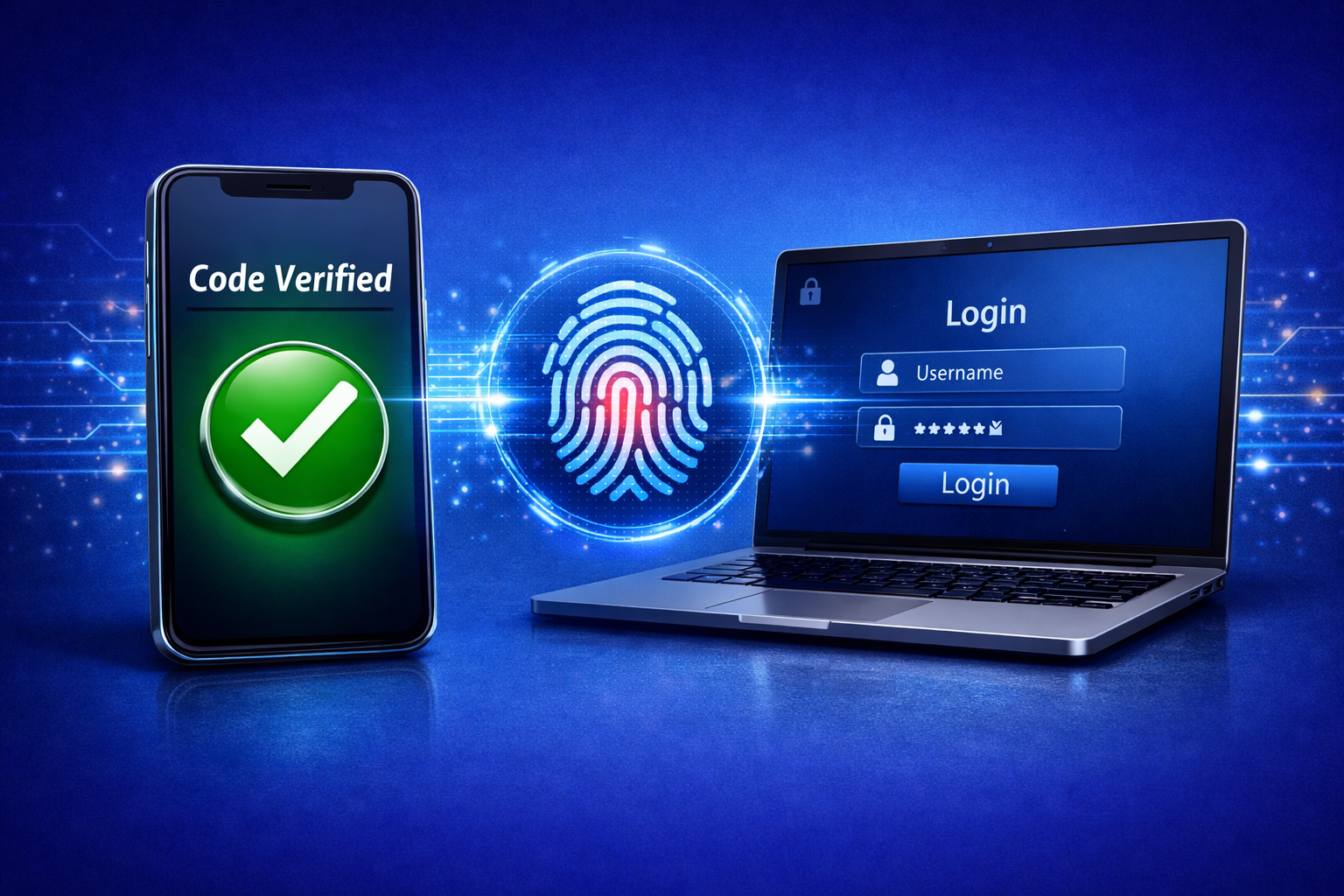 A smartphone displaying a "Code Verified" message with a large checkmark. Next to it is a laptop login screen; a digital fingerprint icon floats between the two devices to show the multi-layer connection.