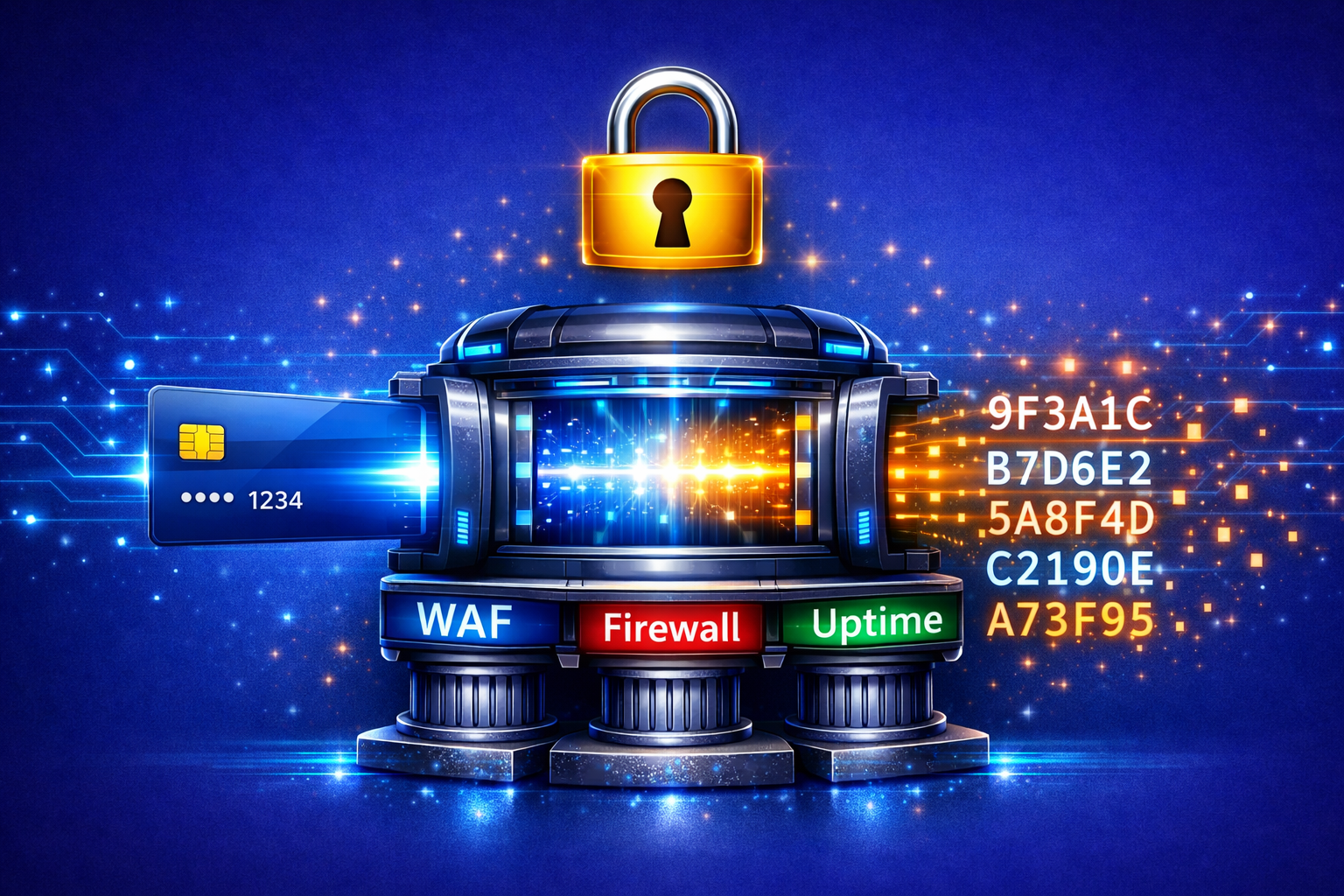 A digital credit card entering a "Conversion Machine." On the other side, the card exits as a series of random, glowing hex codes and symbols. A "Lock" icon sits above the process to signify that only the authorized gateway can reverse the code.