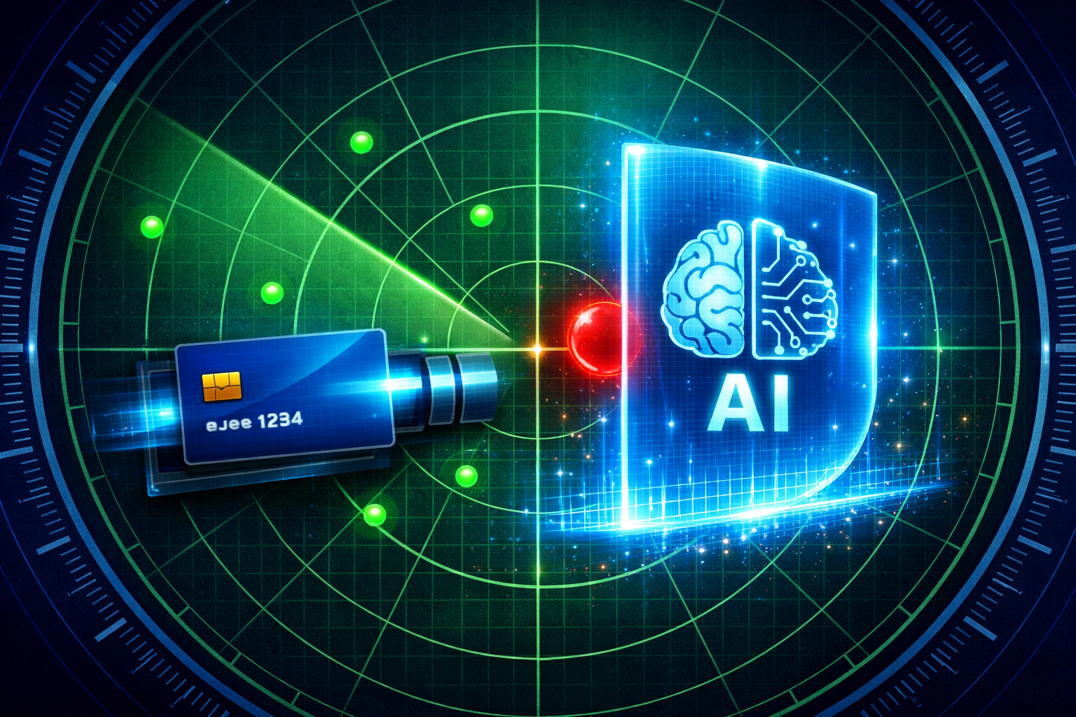 A digital radar screen showing several green dots (safe users). One dot is highlighted in bright red and is being "blocked" by a translucent blue digital wall or shield that has an AI "brain" icon on it.