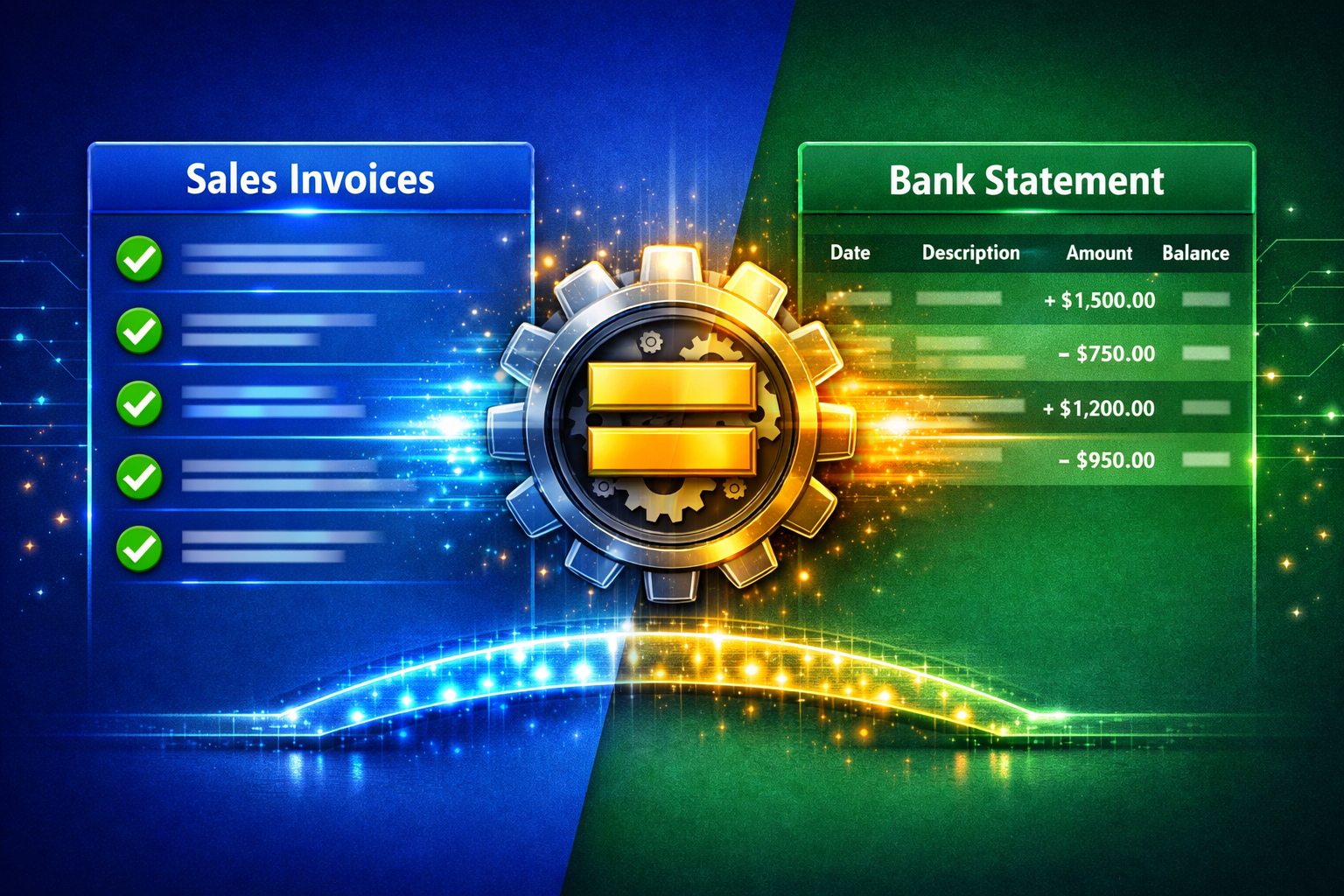 A split-screen graphic. On the left is a list of "Sales Invoices" with green checkmarks. On the right is a "Bank Statement." A golden "Equal Sign" sits between them, with a gear icon in the center showing the automation working.