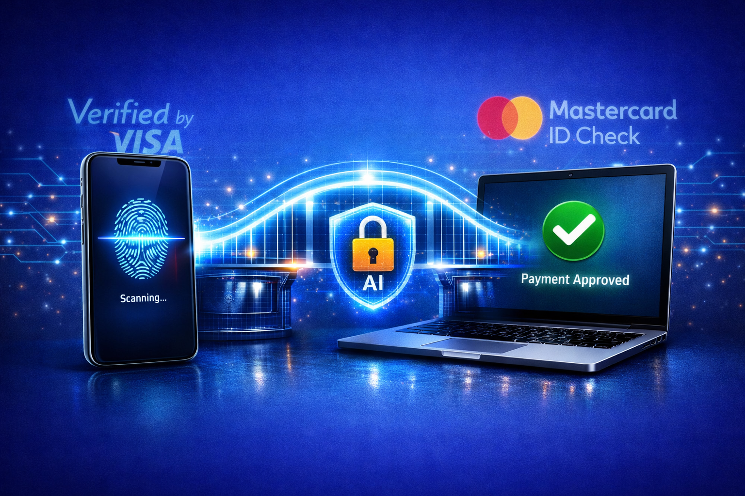 A smartphone and a laptop connected by a "Secure Bridge." A fingerprint scan animation is shown on the smartphone screen, while a "Verified by Visa" or "Mastercard ID Check" logo glows subtly in the background.