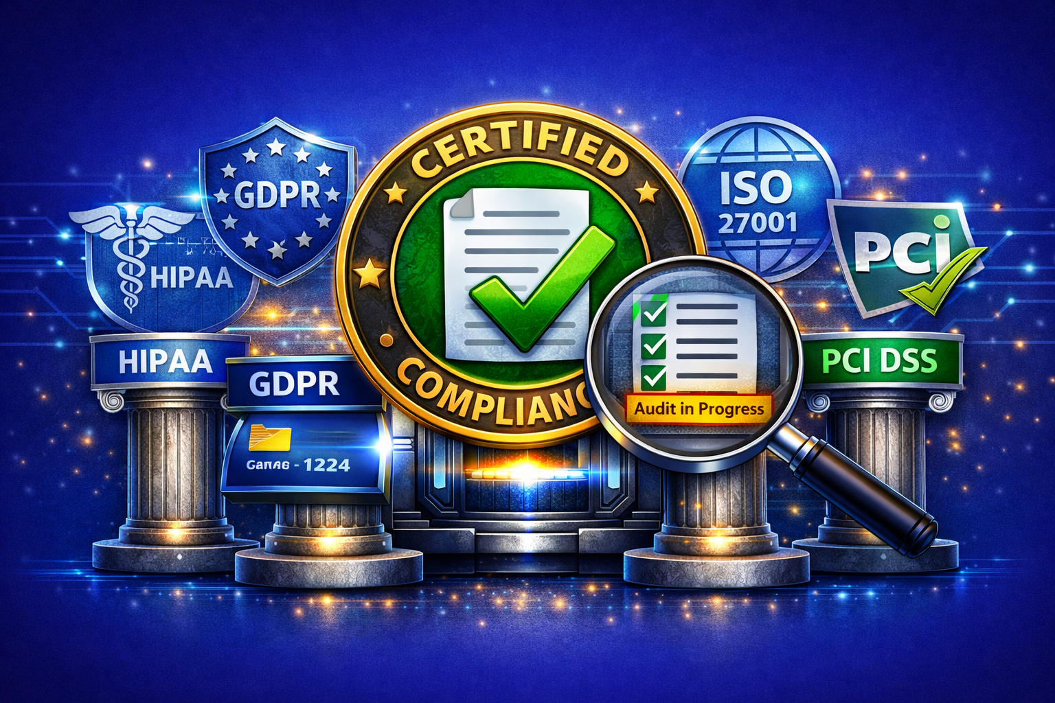 A "Compliance Badge" or "Certificate" icon placed in the center. Around it are several "Pillars" representing the different security levels, with a magnifying glass hovering over one to show an active audit in progress.