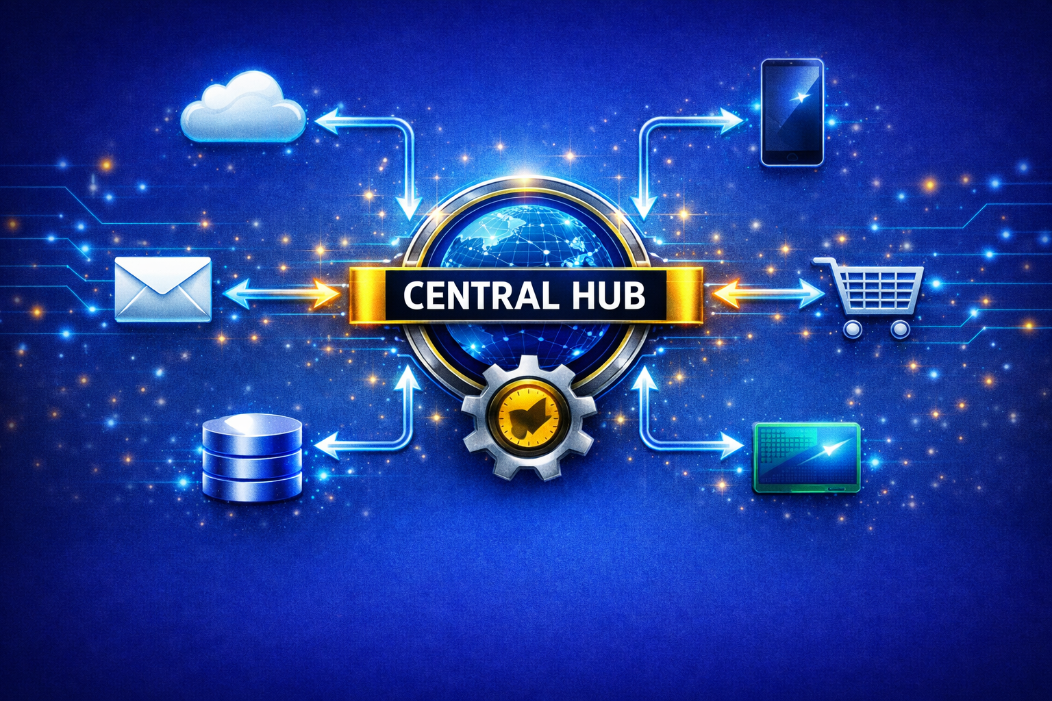 A "Central Hub" icon with several branching lines. Each line ends in a different small icon (a cloud, a mobile phone, a shopping cart). The lines have arrows pointing both ways to show a clean, organized flow of data.