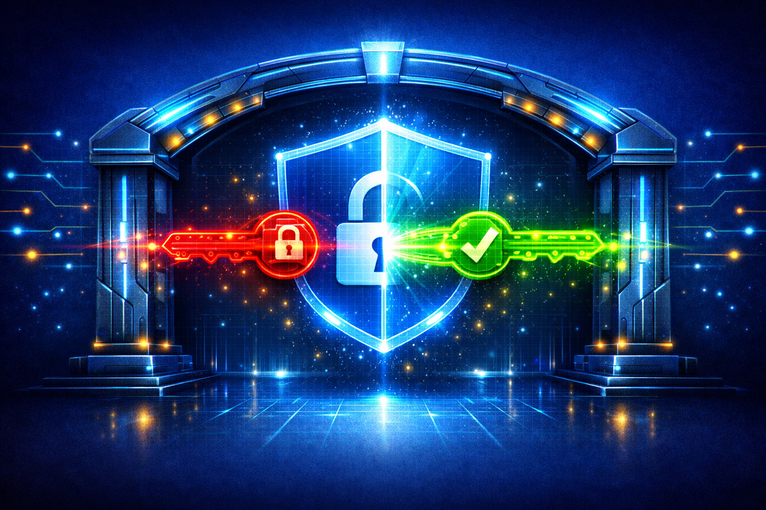 A digital "Gateway" or archway with a glowing blue shield in the middle. A key-shaped data packet is passing through the shield, changing from red (locked) to green (verified) as it enters.
