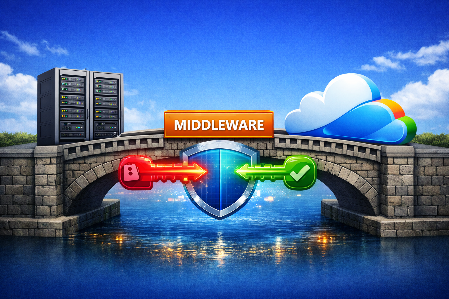 A physical "Bridge" graphic. On one side of the bridge is a classic, grey server rack icon. On the other side is a modern, colorful "Cloud" icon. An orange "Middleware" block sits in the center of the bridge, connecting them.