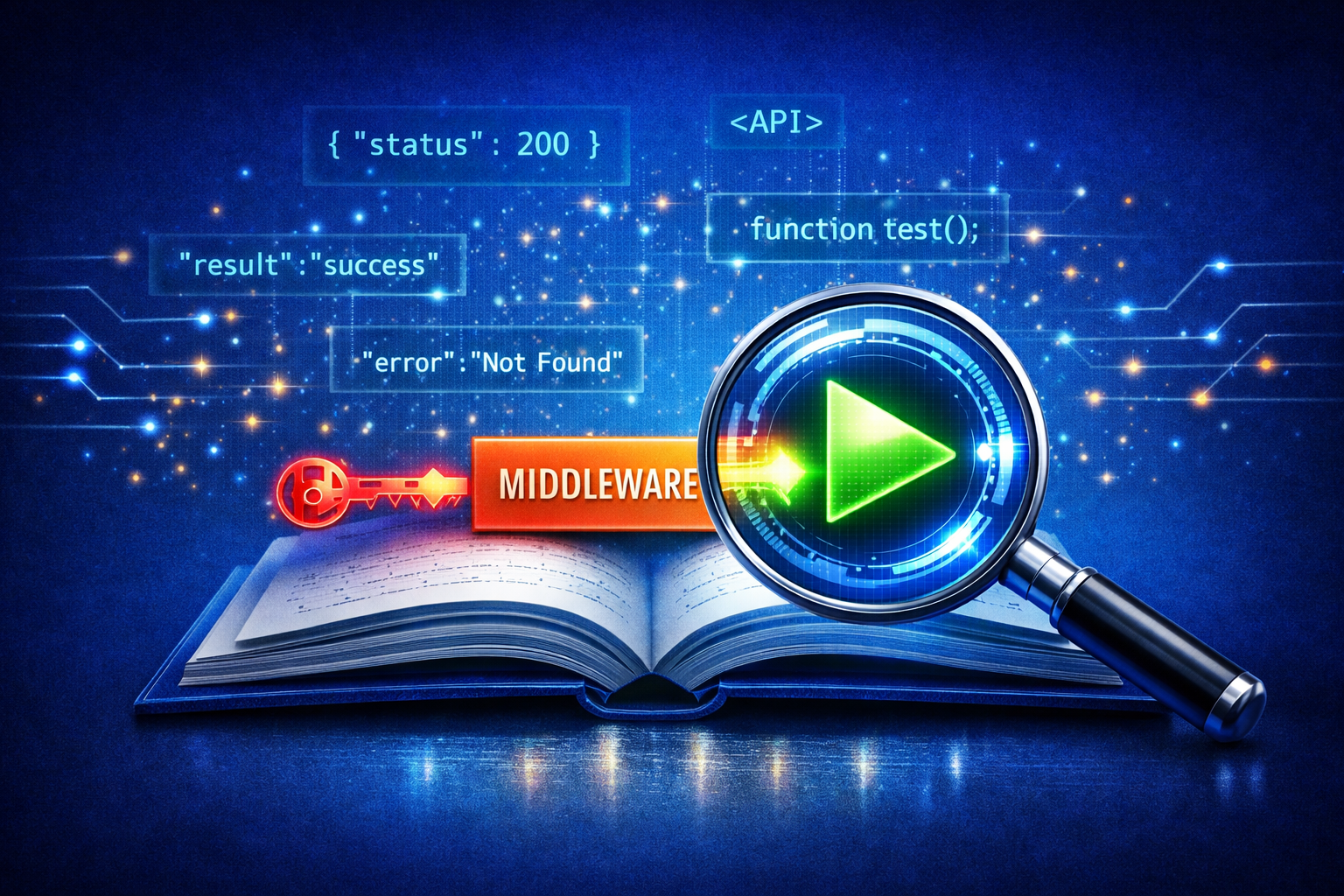 A digital book icon that is open. Floating above the book are snippets of code (like { "status": 200 }). A magnifying glass is zooming in on a "Play" button, symbolizing a testing environment.