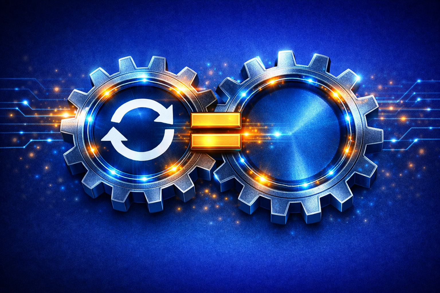 Two digital gears interlocking perfectly. Inside one gear is a "Refresh/Sync" symbol. Glowing pulses of light move along the teeth of the gears to represent live, high-speed data movement.
