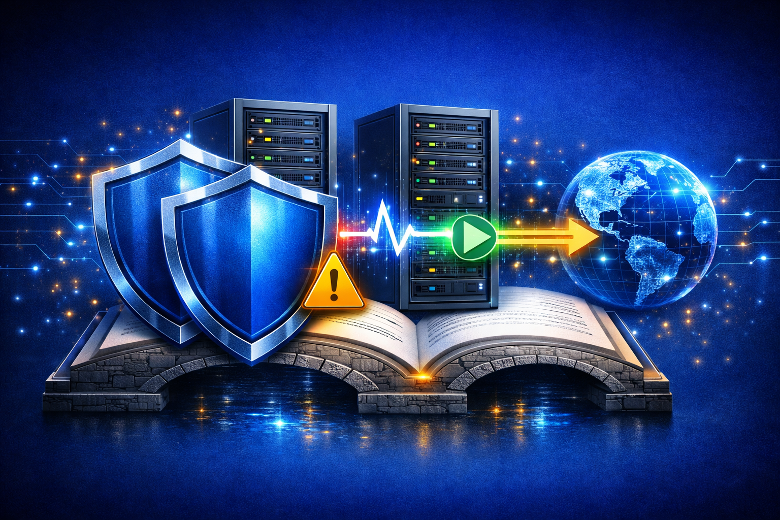 A "Double-Shield" icon. Behind the shields are two identical server racks connected by a glowing "Pulse" line. One rack has a small warning icon, but the data arrow bypasses it and flows successfully through the second rack to a "Globe" icon