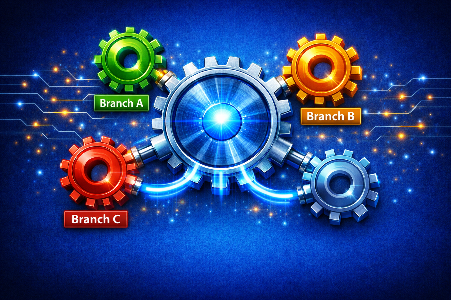 A large "Master Cog" in the center. Connected to it are several smaller, different-colored "Satellite Cogs" (labeled Branch A, Branch B, Branch C). They all spin together, driven by the central master gear.