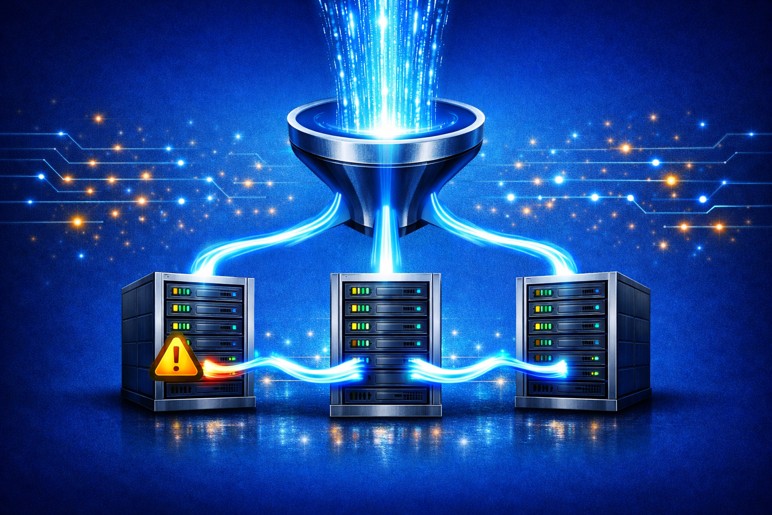A "Double-Shield" icon. Behind the shields are two identical server racks connected by a glowing "Pulse" line. One rack has a small warning icon, but the data arrow bypasses it and flows successfully through the second rack to a "Globe" icon