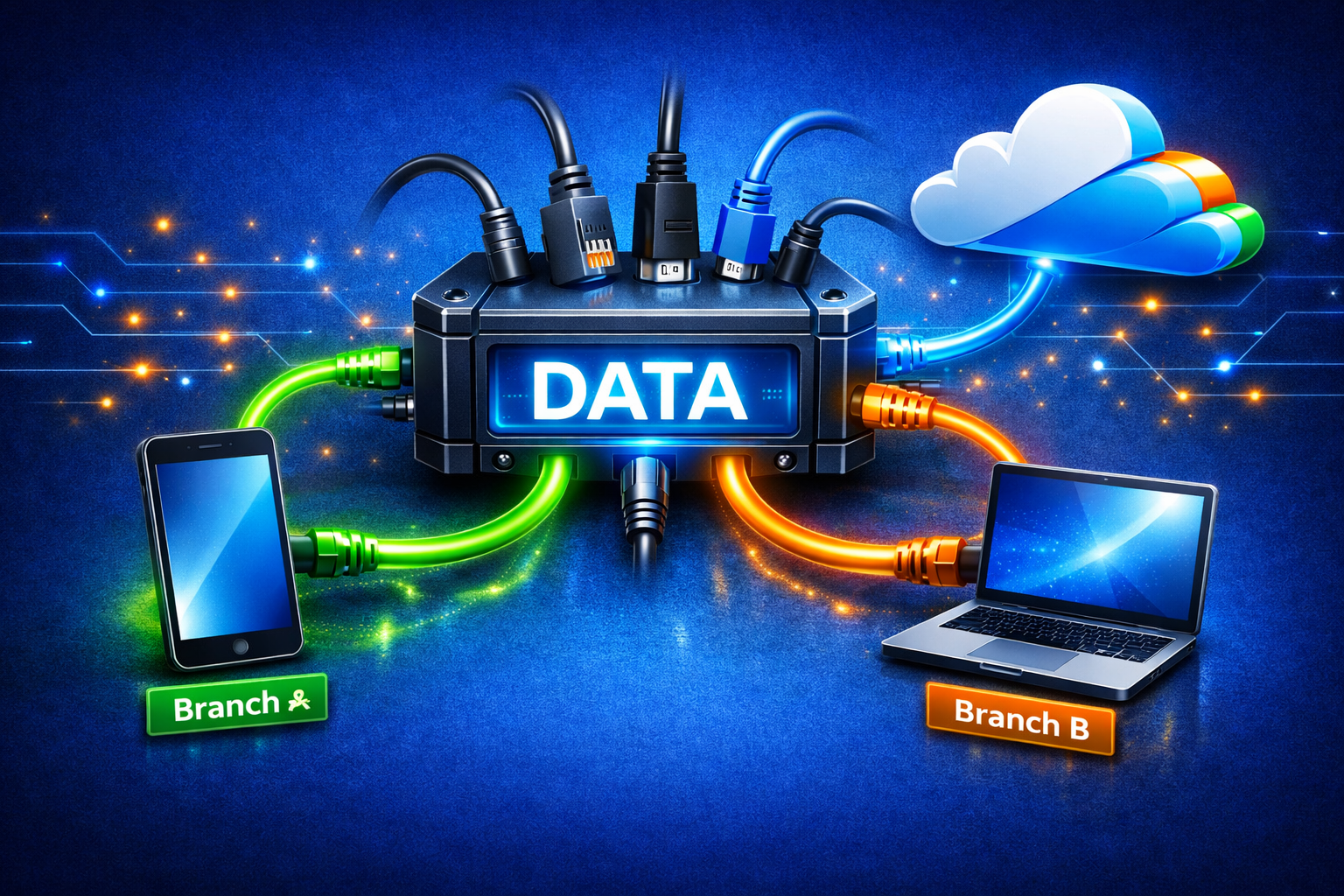 A central "Data Box" with various "Plugs" sticking out of it. Different cables are plugged in, leading to a Smartphone icon, a Laptop icon, and a "Cloud" icon, representing universal connectivity.