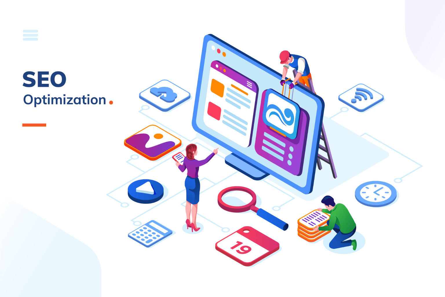 A team optimizing a website for SEO and performance using a CMS platform, with icons representing analytics, mobile responsiveness, and search engine visibility.