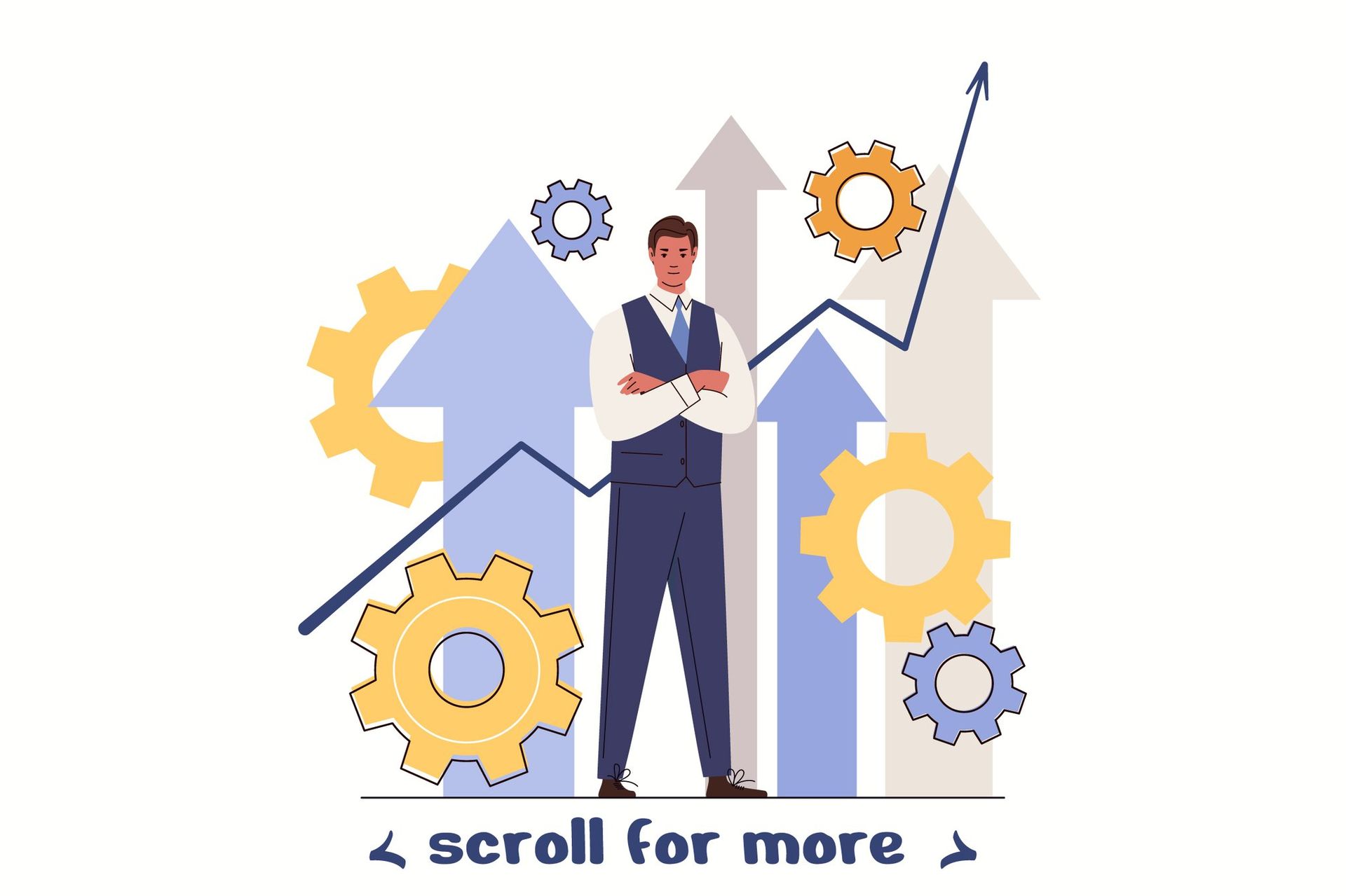 A business professional standing in front of growth charts and gears, representing scalable infrastructure, high availability, and digital business expansion.