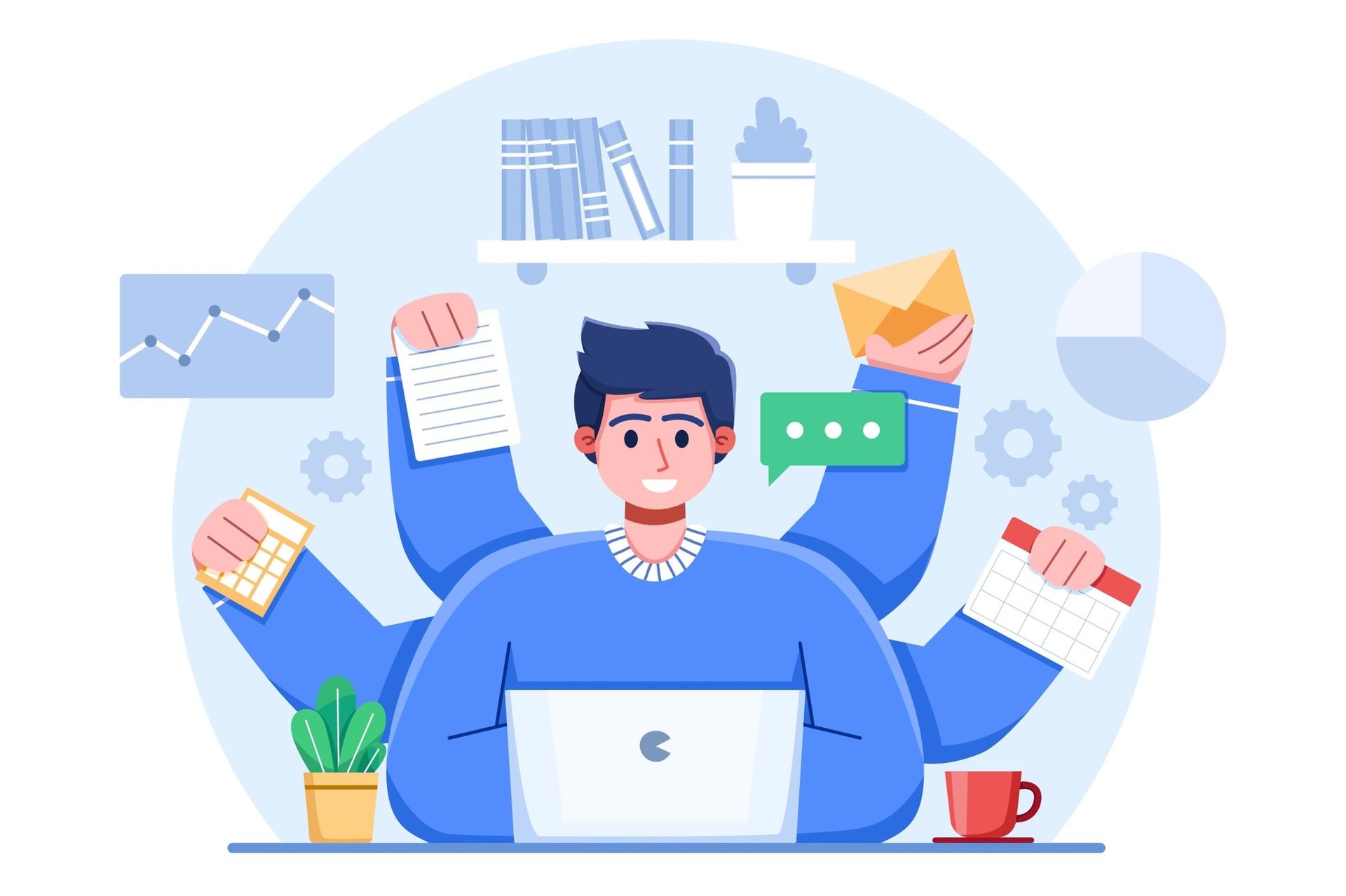 A multitasking professional managing multiple business operations simultaneously, representing Odoo ERP productivity, real-time dashboards, and data-driven decision-making across departments.