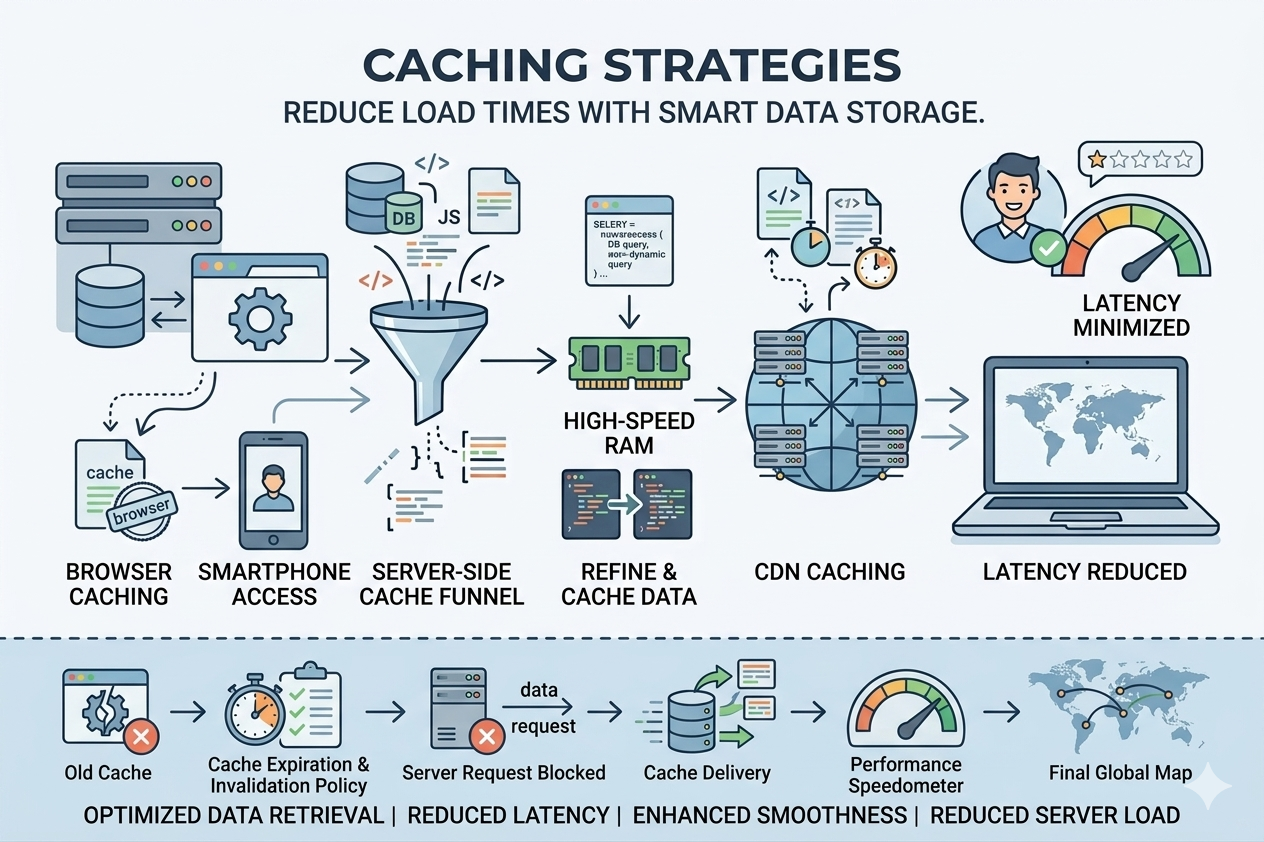 Smart caching strategies reduce latency accelerate delivery minimize server requests improve performance enhance scalability user experience