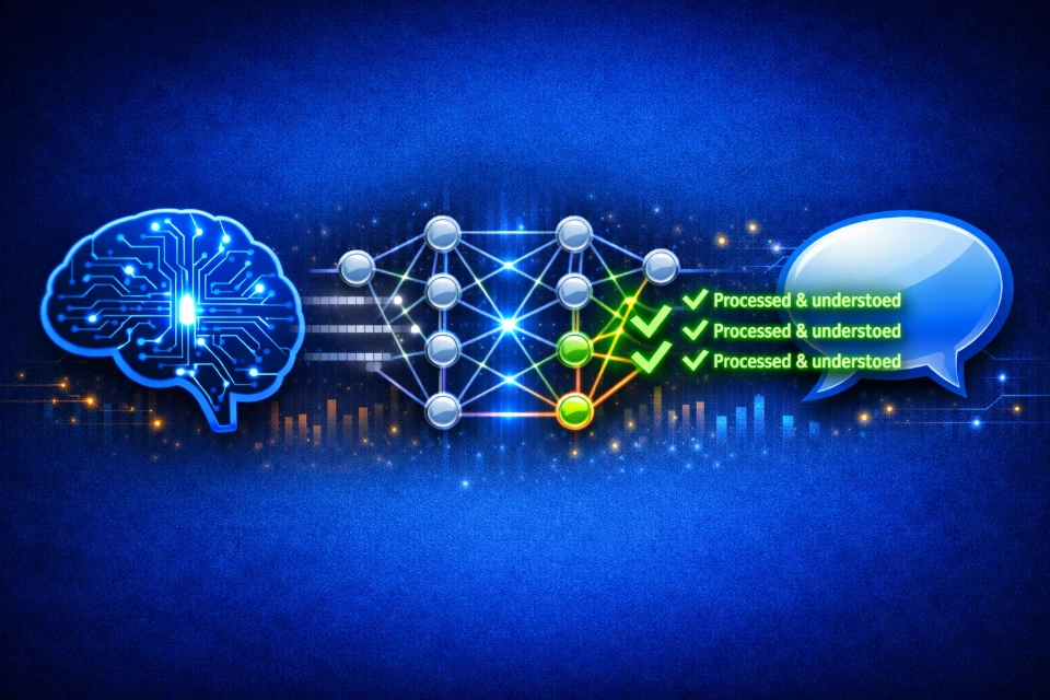 A stylized "Human Brain" icon on one side and a "Speech Bubble" on the other. Connected between them is a series of "Node" icons representing a neural network. As text strings pass through the nodes, they turn from grey (unstructured) into vibrant green "Checked" icons (understood).