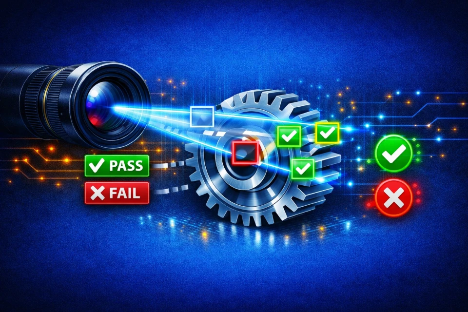 A "Camera Lens" icon scanning a 3D product (like a mechanical gear or a package). A glowing "Scanning Beam" passes over the object, highlighting specific points with bounding boxes. Icons for "Pass/Fail" appear next to the object to show real-time decision-making.