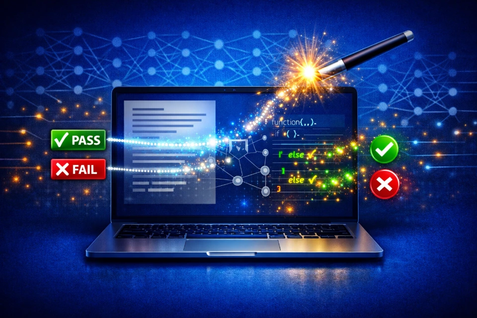 A "Magic Wand" or "Spark" icon hovering over a laptop screen. On the screen, a half-finished "Document" and a "Code Snippet" are being completed by glowing "Digital Particles." The background shows faint, layered neural network connections to represent the depth of the model.