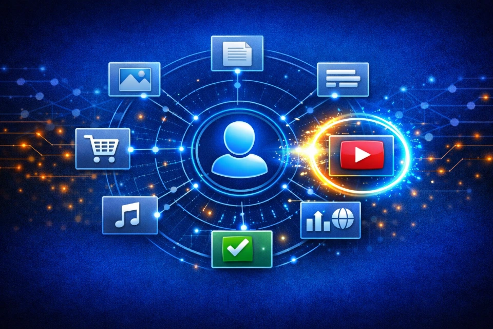 A "User Profile" icon at the center of a circular web. Radiating outward from the user are various "Item" cards (like a Shopping Cart, a Video Play button, and a Document). A glowing "Selection Ring" highlights the most relevant card, showing how the AI prioritizes content.